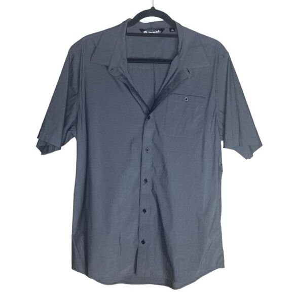 Travis Mathew Mens Sz Lrg Gray Small Striped Print Button Up Casual Dress Shirt - Picture 1 of 5